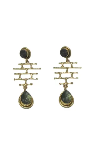 Black Druzy with Brass Ladder and Green Teardrops Earrings