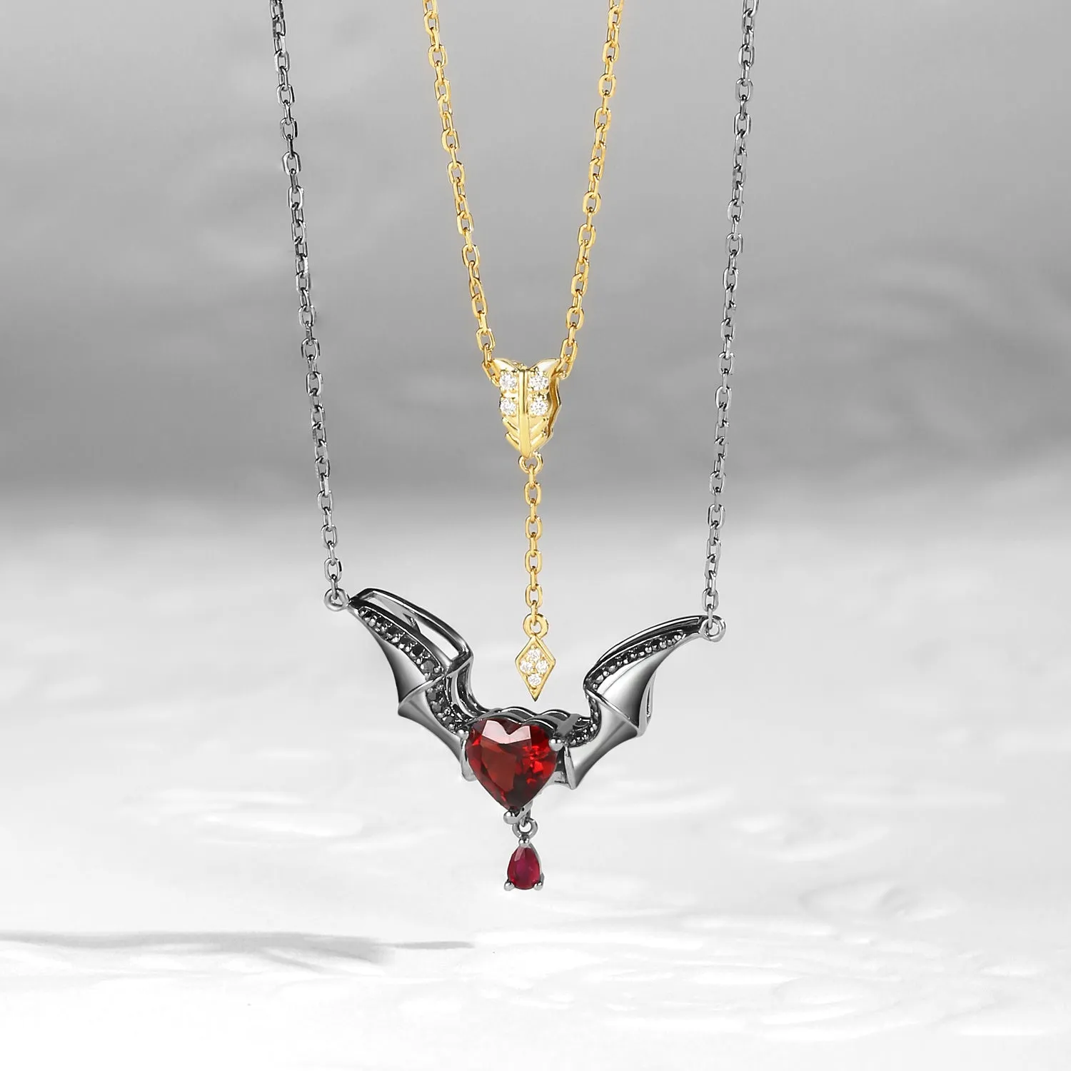 Black Inspired Devil Wing Garnet Heart Cut Couple Necklaces Set 2pcs - Cupid's Arrow