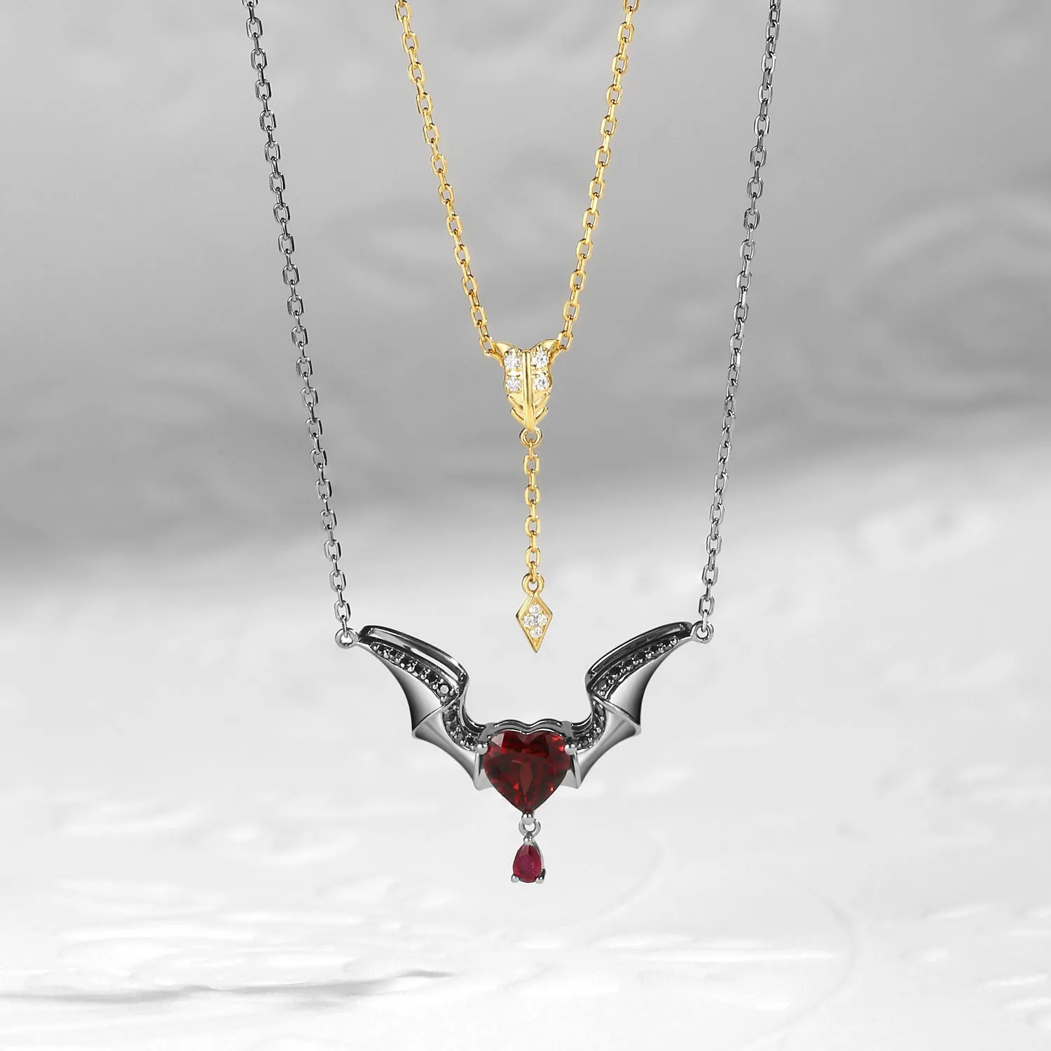 Black Inspired Devil Wing Garnet Heart Cut Couple Necklaces Set 2pcs - Cupid's Arrow
