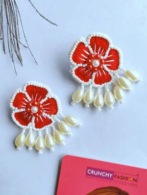 Blossom Bliss: Red Floral Handcrafted Beaded Stud Earrings for Women and Girls
