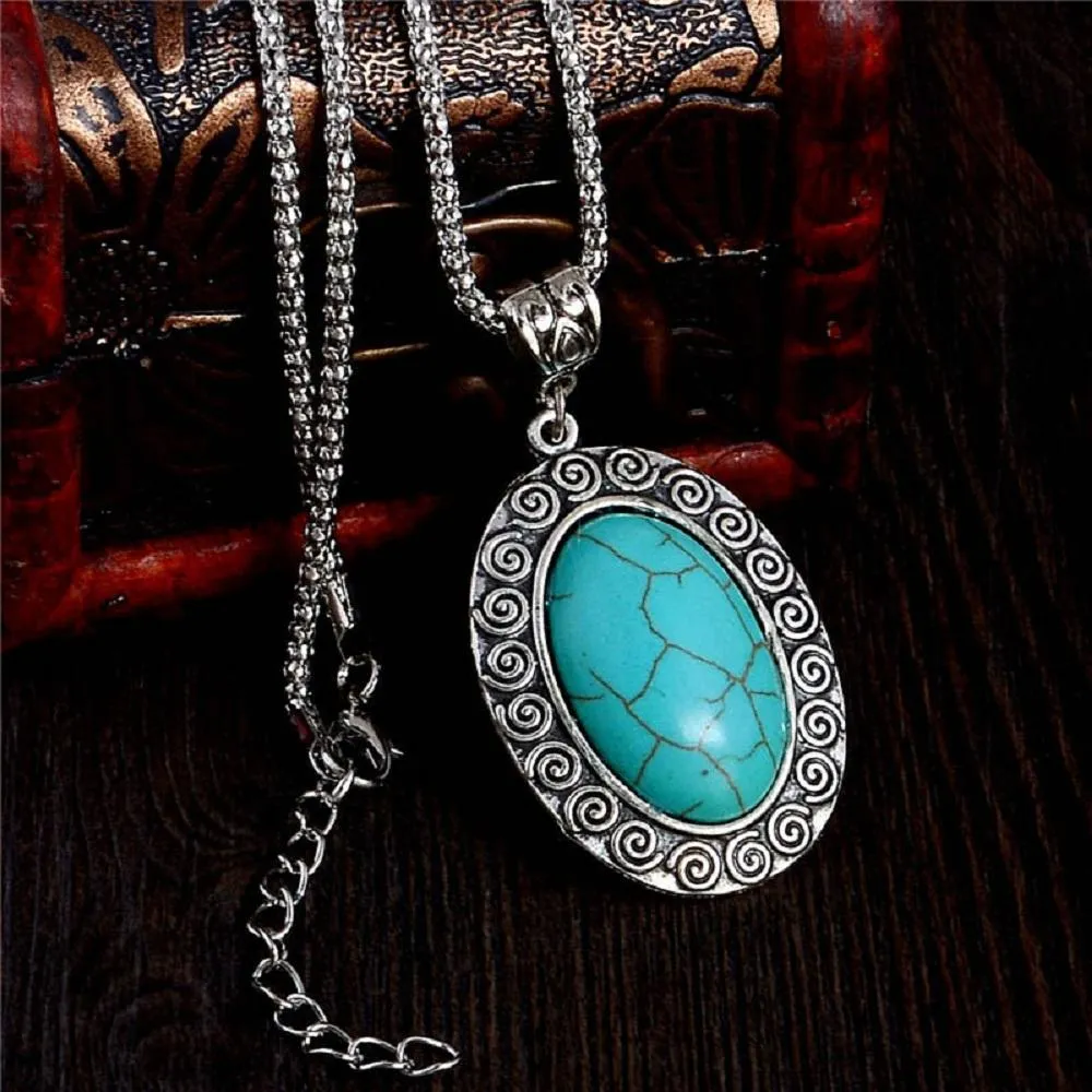 Blue Natural Stone Charm Pendant Necklace for Women