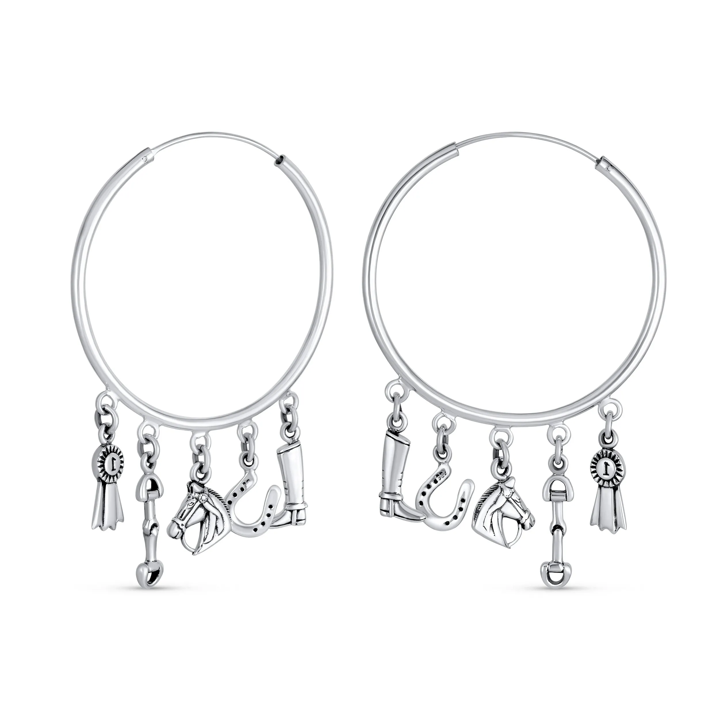 Blue Ribbon Horse Hoop Huggie Earrings Horseshoe Charms Sterling Silver 2.5 Inch