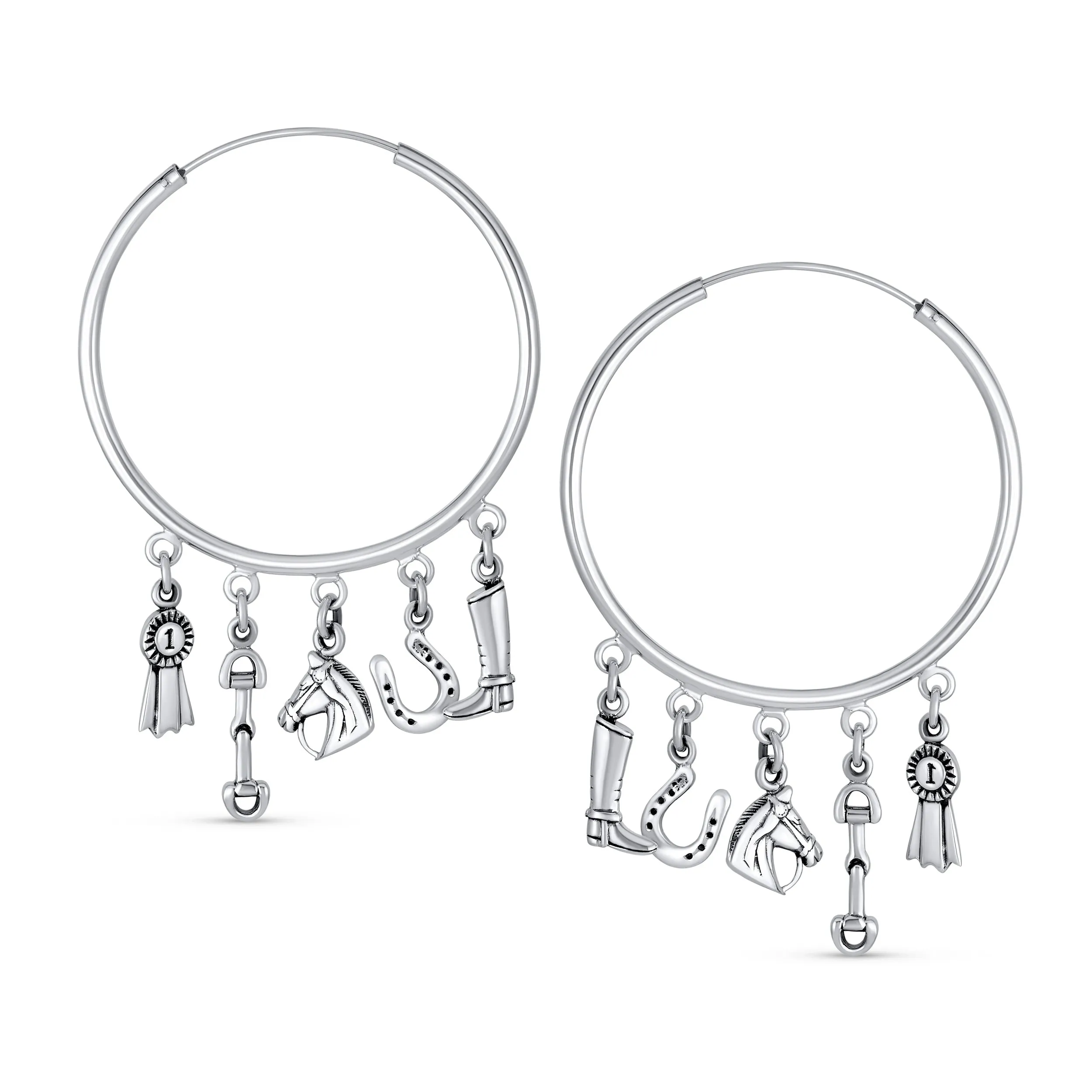 Blue Ribbon Horse Hoop Huggie Earrings Horseshoe Charms Sterling Silver 2.5 Inch