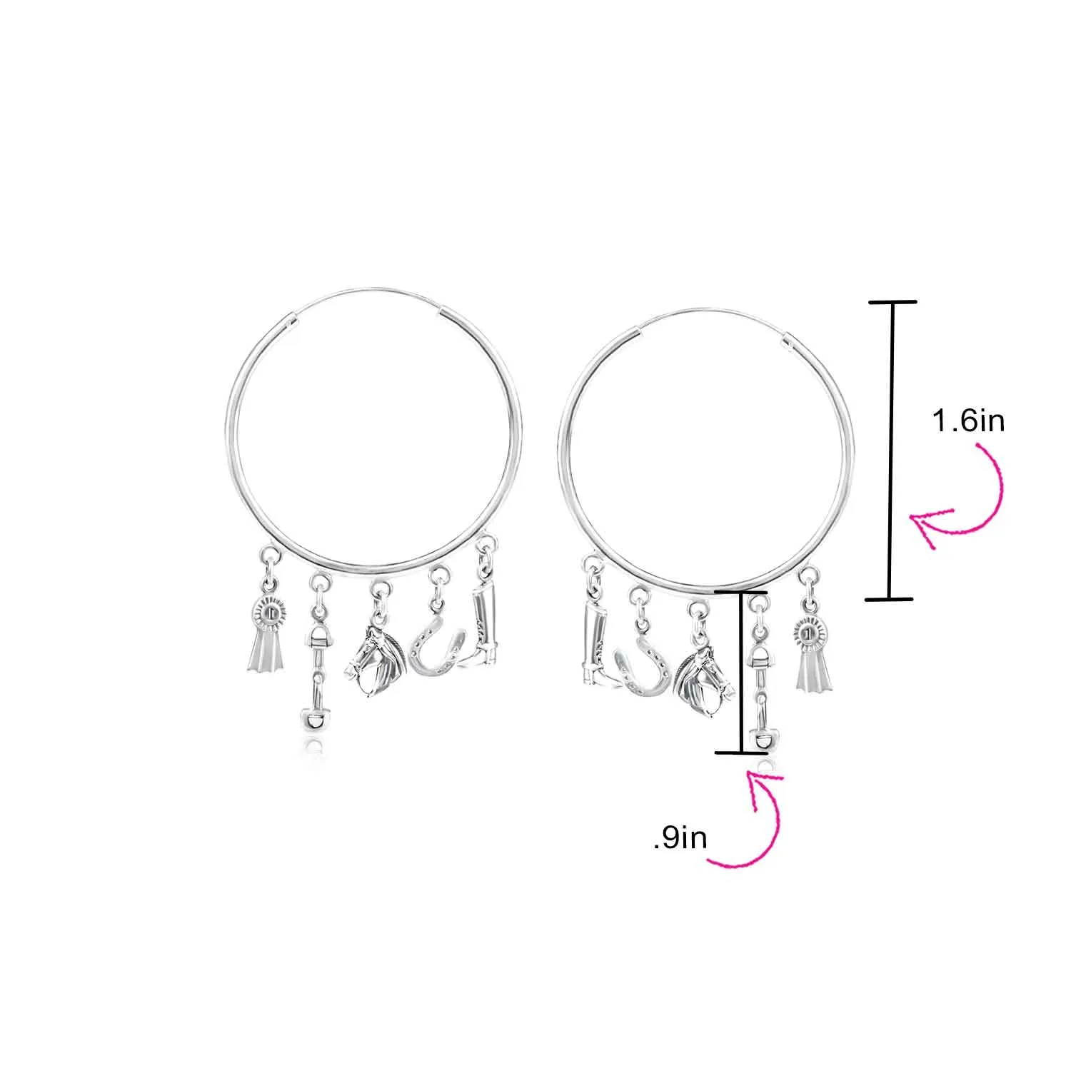 Blue Ribbon Horse Hoop Huggie Earrings Horseshoe Charms Sterling Silver 2.5 Inch