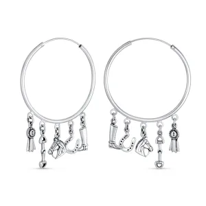 Blue Ribbon Horse Hoop Huggie Earrings Horseshoe Charms Sterling Silver 2.5 Inch