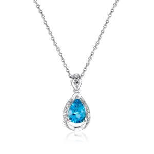 Blue Topaz and Petite Open Natural Diamond Halo Necklace