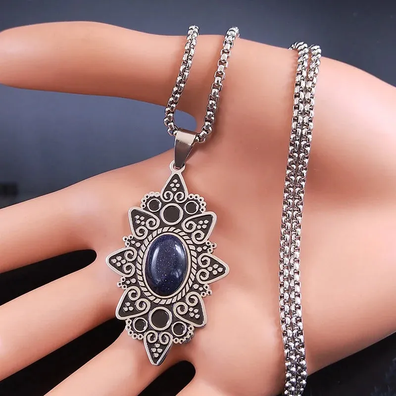 Bohemia Stainless Steel Natural Stone Pendant Necklaces for Women/Men