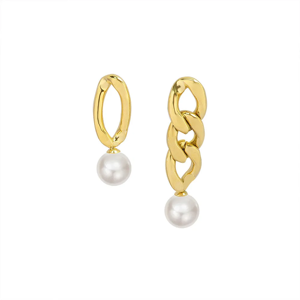 Bold Metal Chain Earrings with Pearl Embellishments - Unique European Design