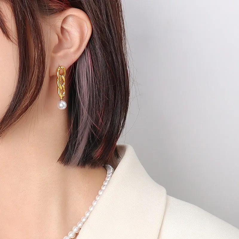 Bold Metal Chain Earrings with Pearl Embellishments - Unique European Design