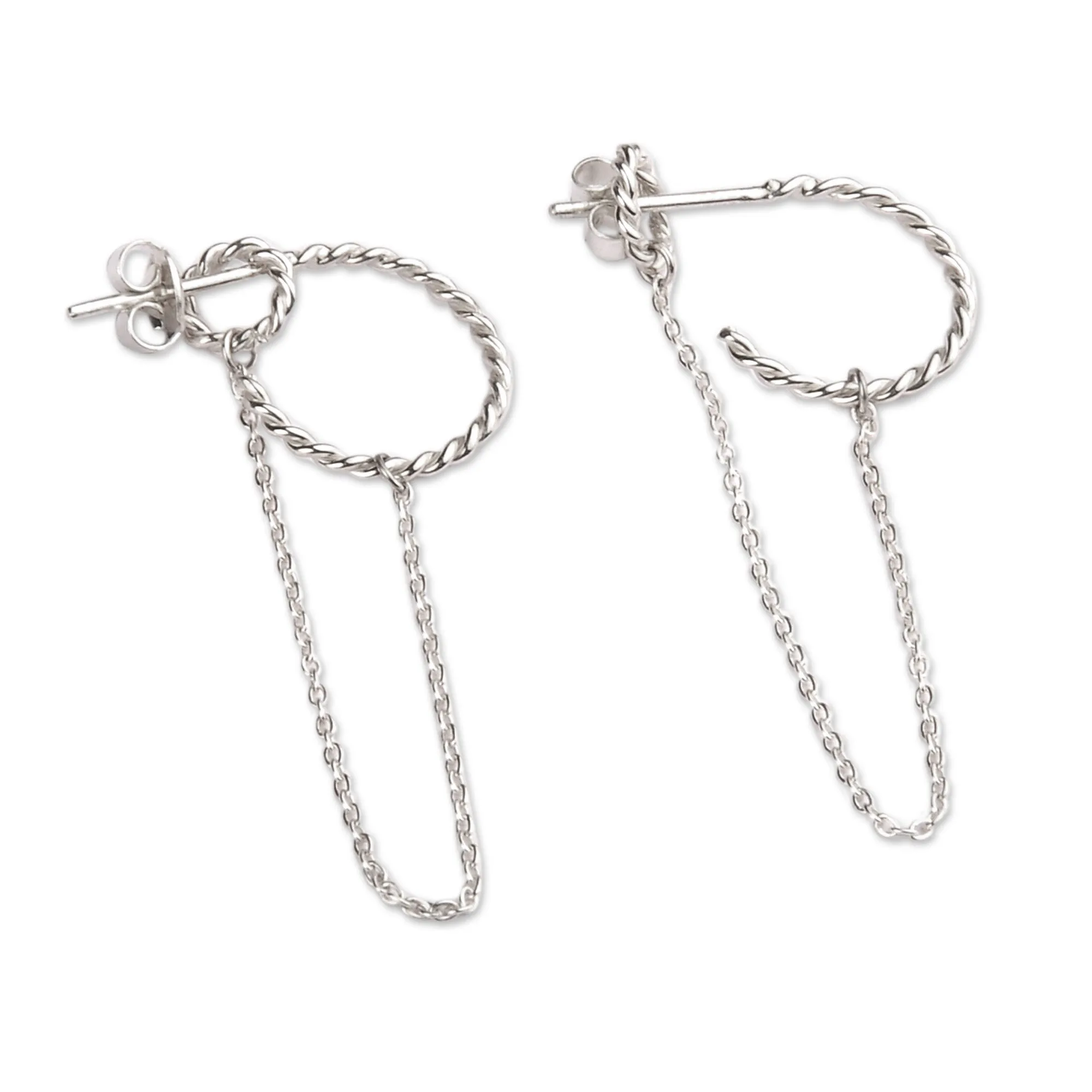 Braided Geometric Sterling Silver Dangle Earrings - Sophisticated Fate | NOVICA