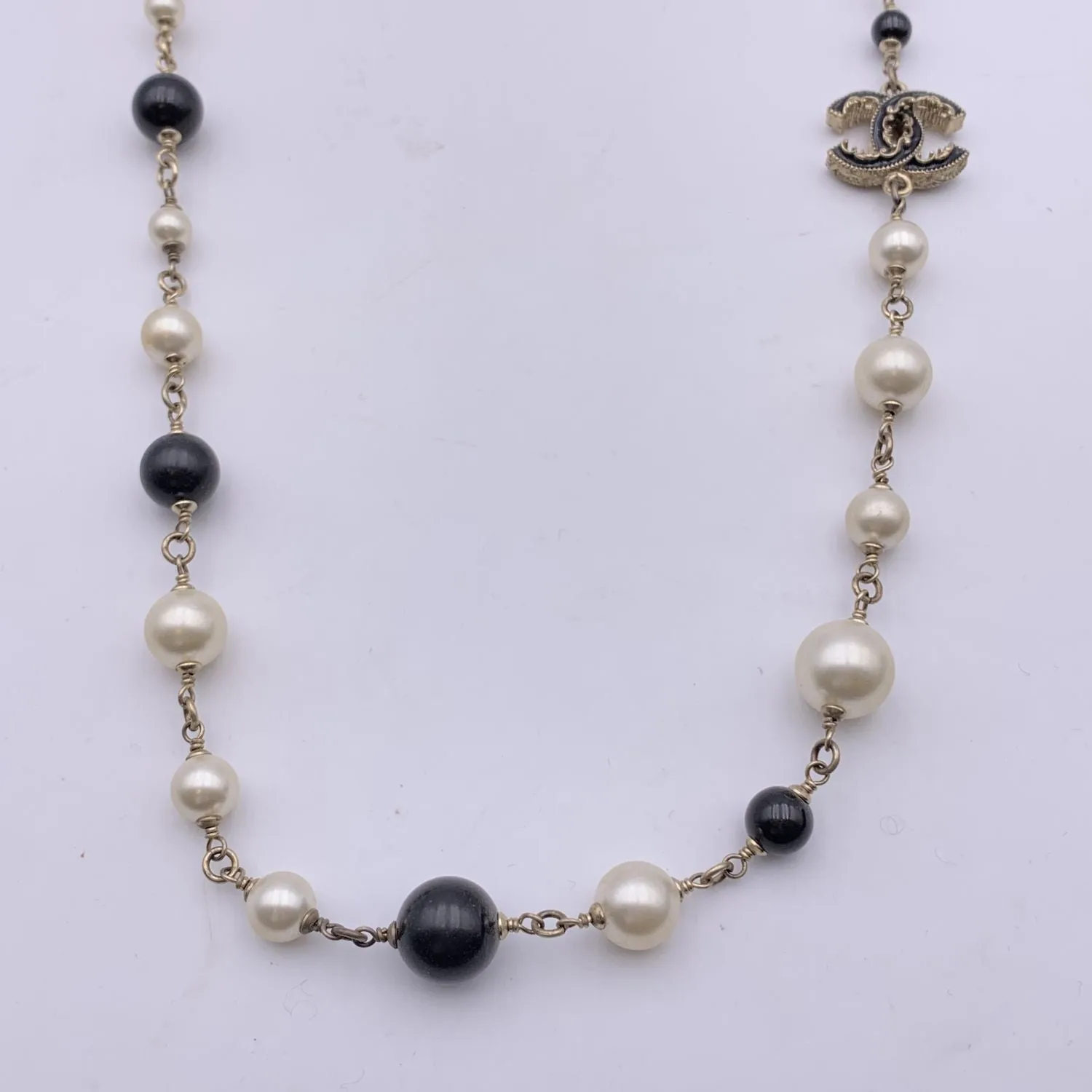 CHANEL Gold Metal Long Necklace Cc Logos Black And White Pearls