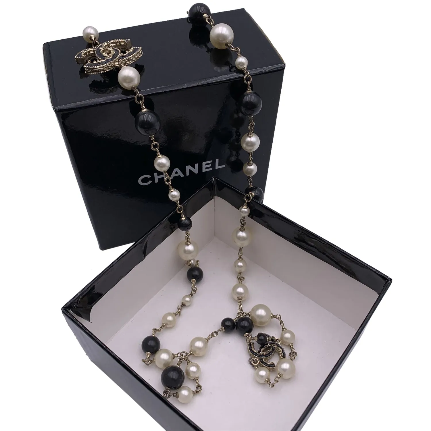 CHANEL Gold Metal Long Necklace Cc Logos Black And White Pearls