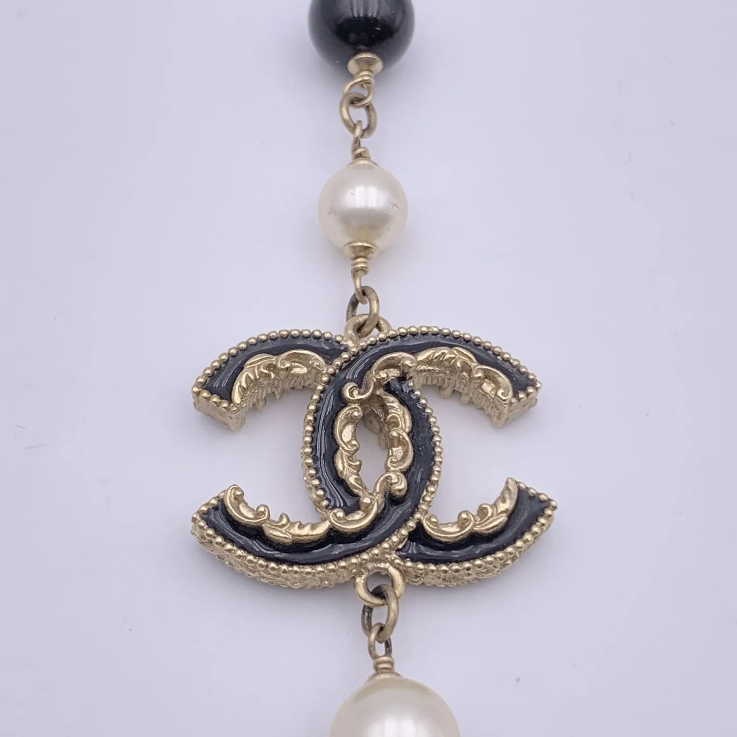 CHANEL Gold Metal Long Necklace Cc Logos Black And White Pearls