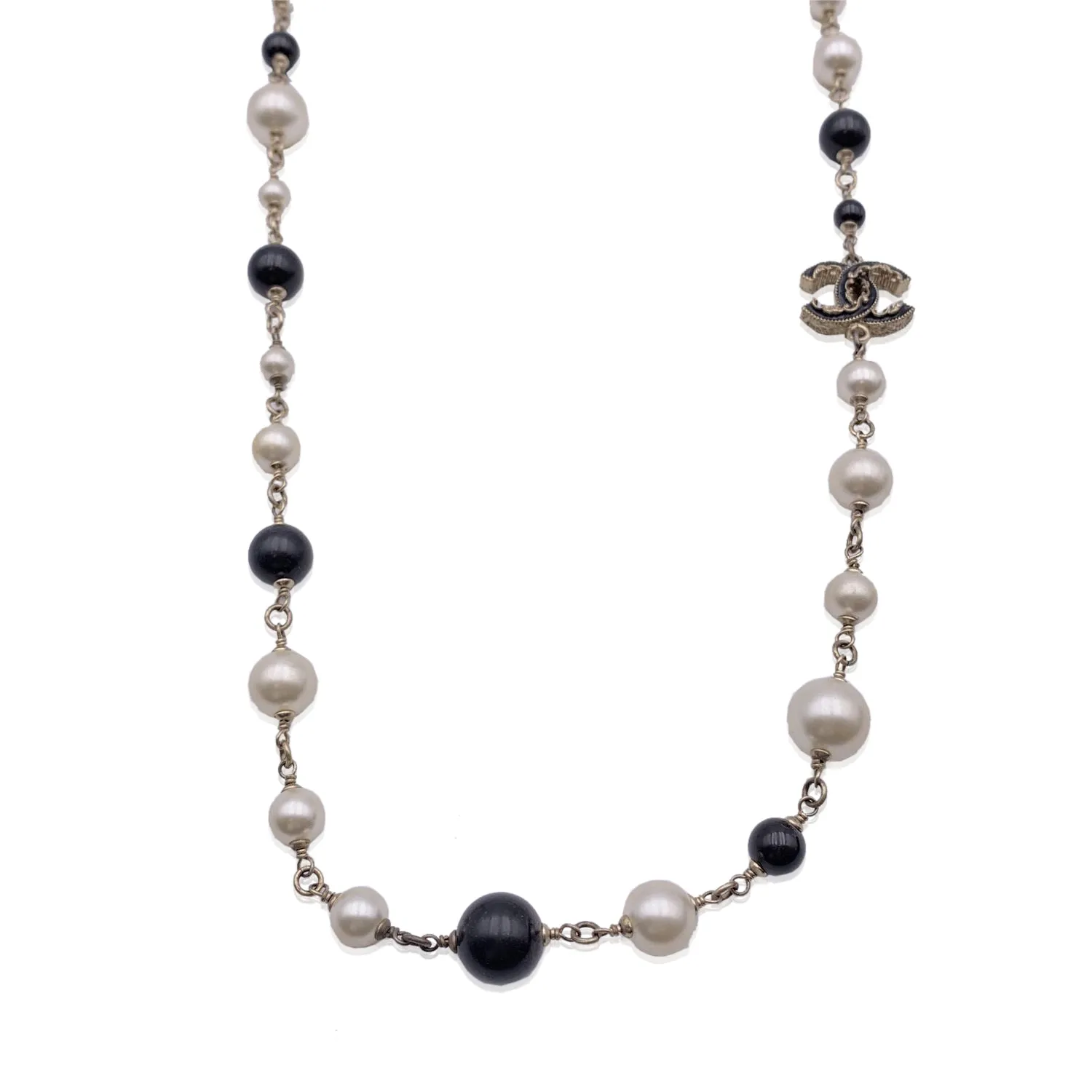 CHANEL Gold Metal Long Necklace Cc Logos Black And White Pearls