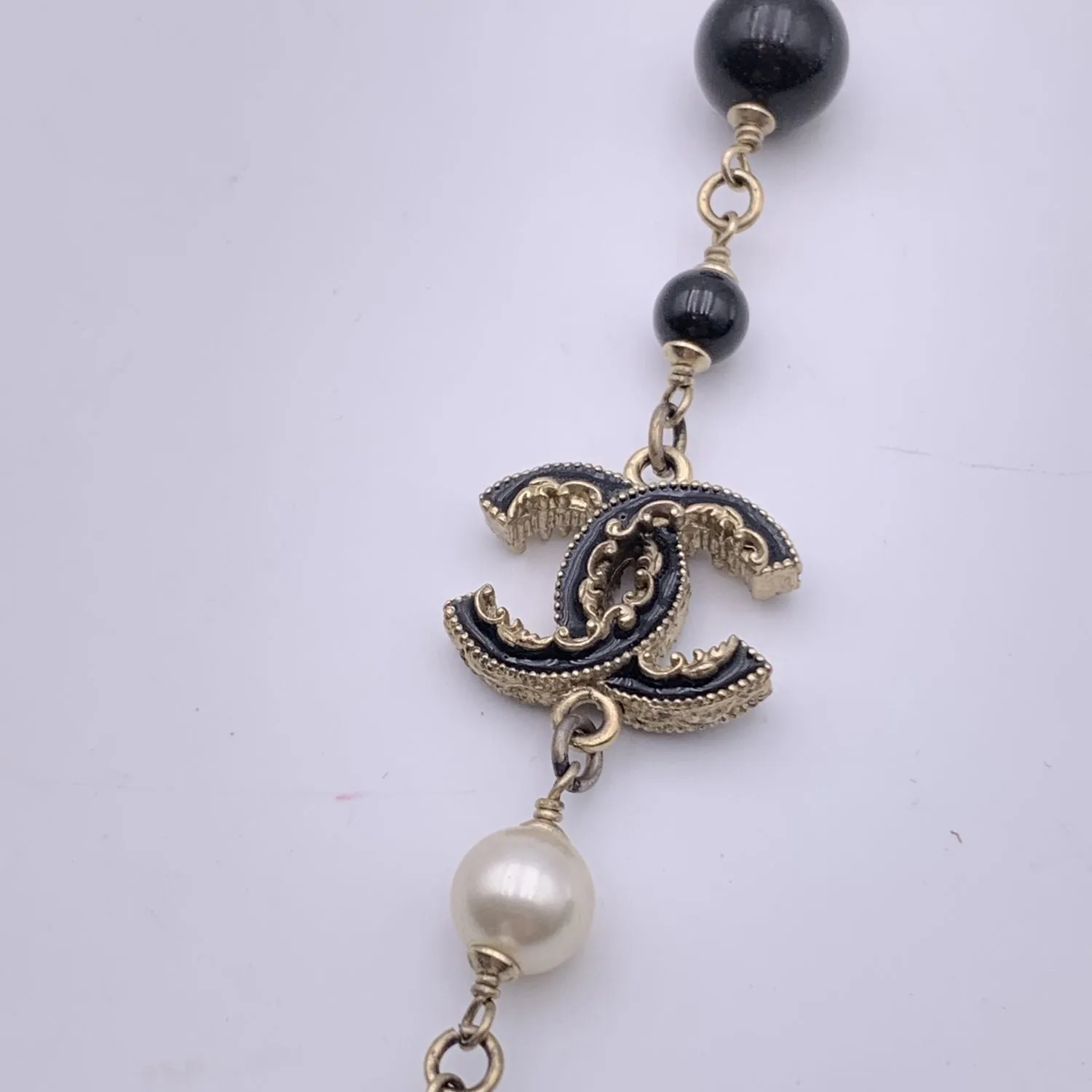 CHANEL Gold Metal Long Necklace Cc Logos Black And White Pearls