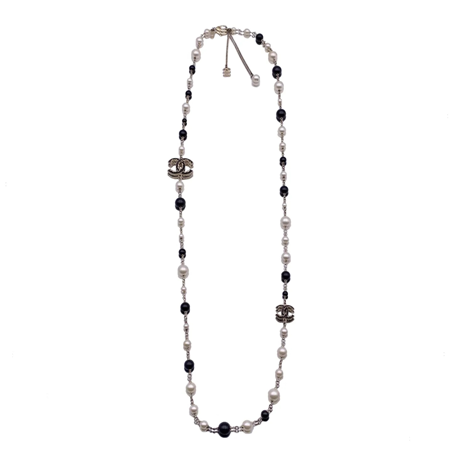 CHANEL Gold Metal Long Necklace Cc Logos Black And White Pearls