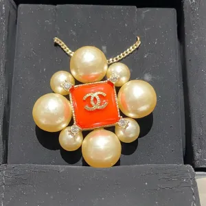 Chanel Pearl Orange Enamel Necklace Gold