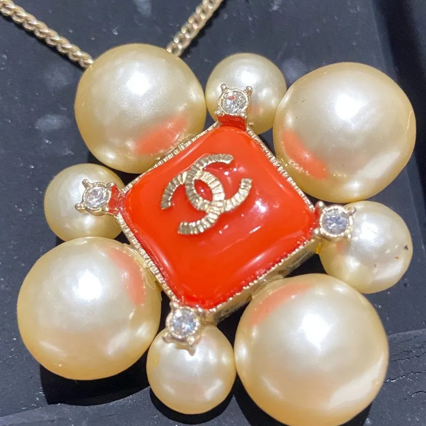 Chanel Pearl Orange Enamel Necklace Gold