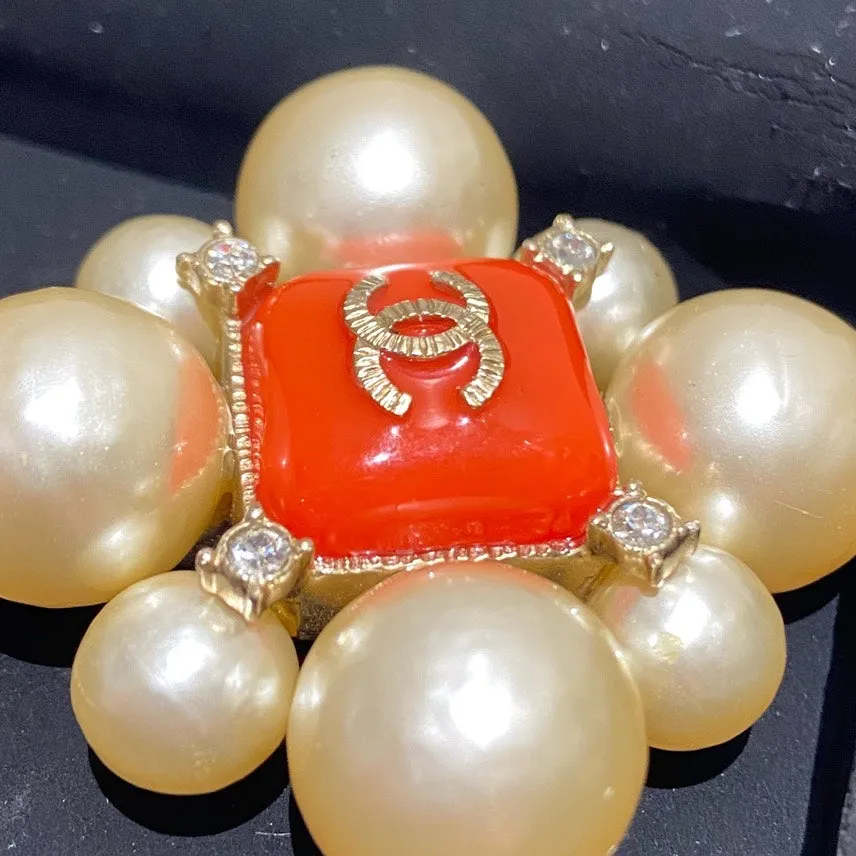 Chanel Pearl Orange Enamel Necklace Gold