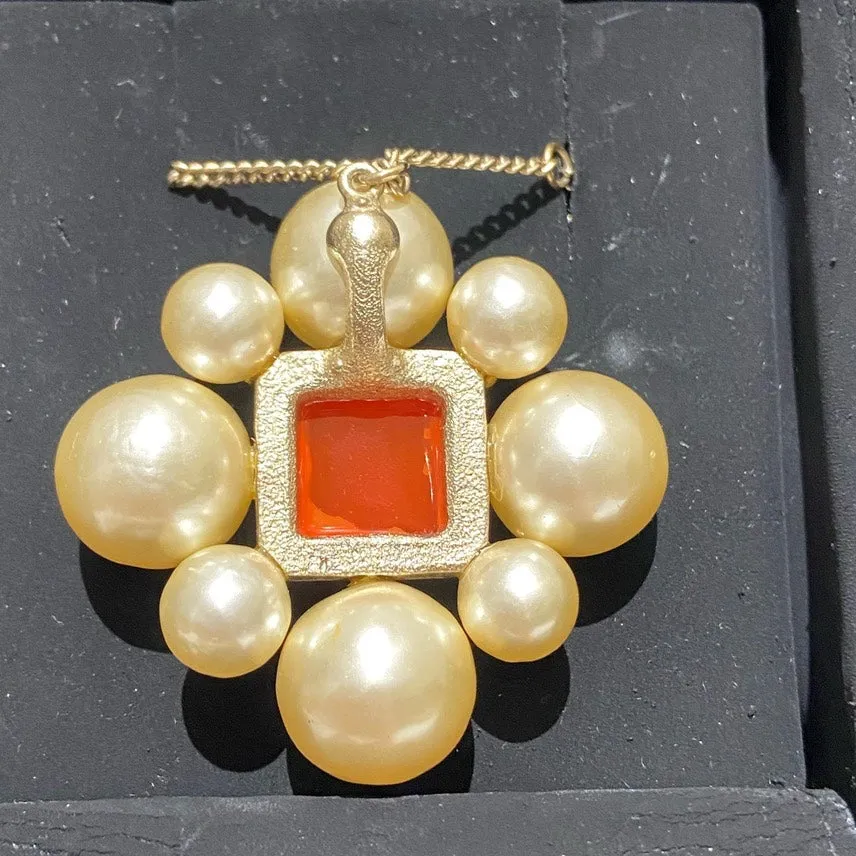 Chanel Pearl Orange Enamel Necklace Gold