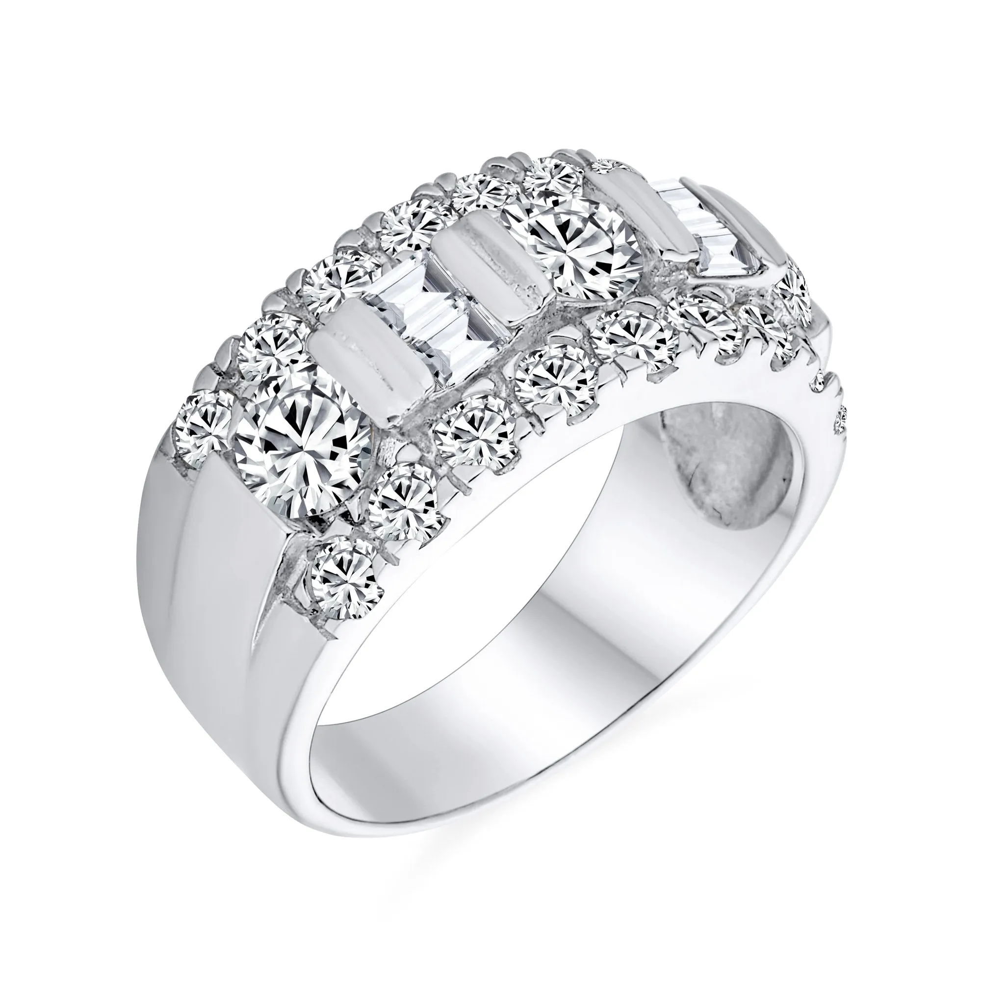 Channel Set CZ Alternating Round Baguette Wide Wedding Band Ring Sterling Silver