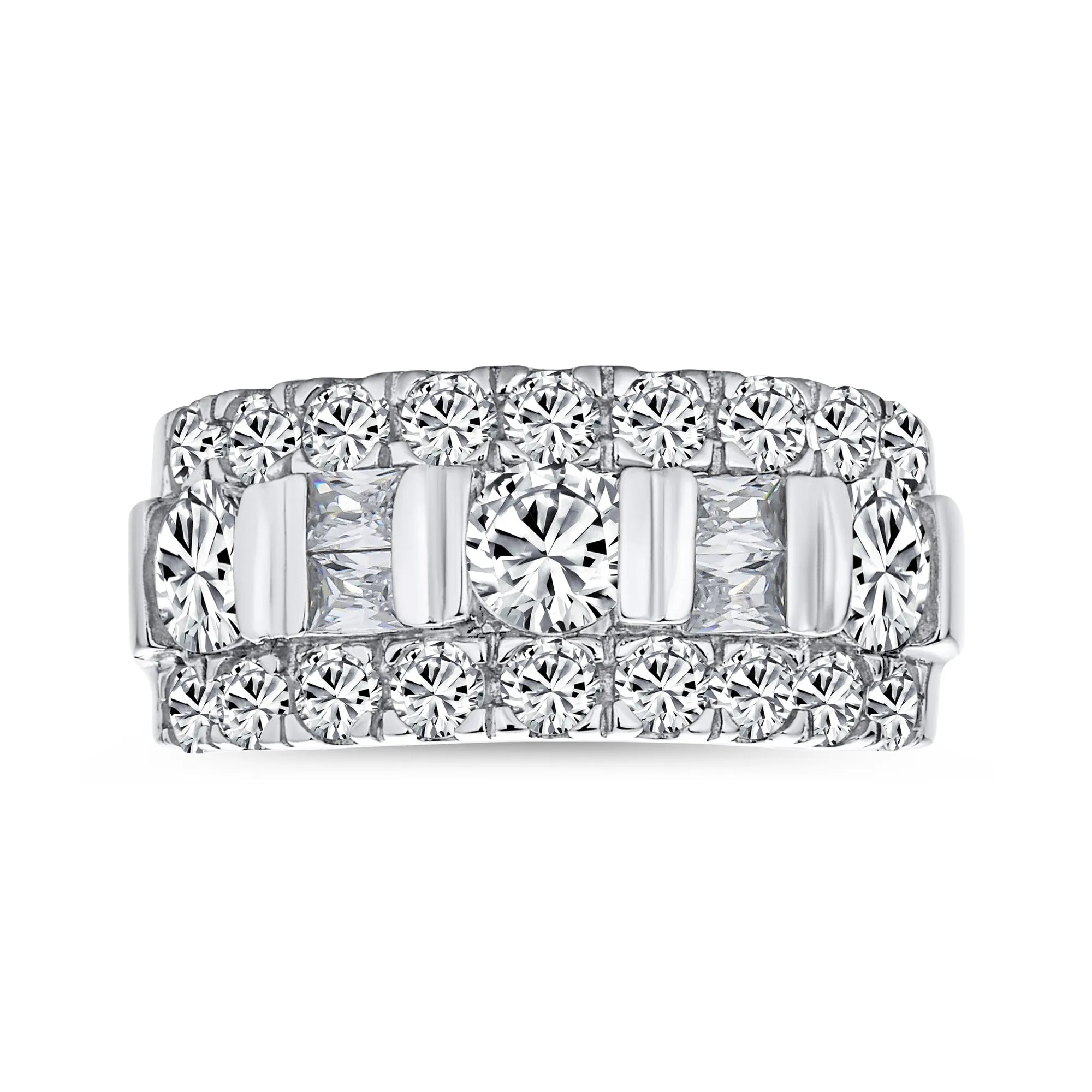 Channel Set CZ Alternating Round Baguette Wide Wedding Band Ring Sterling Silver