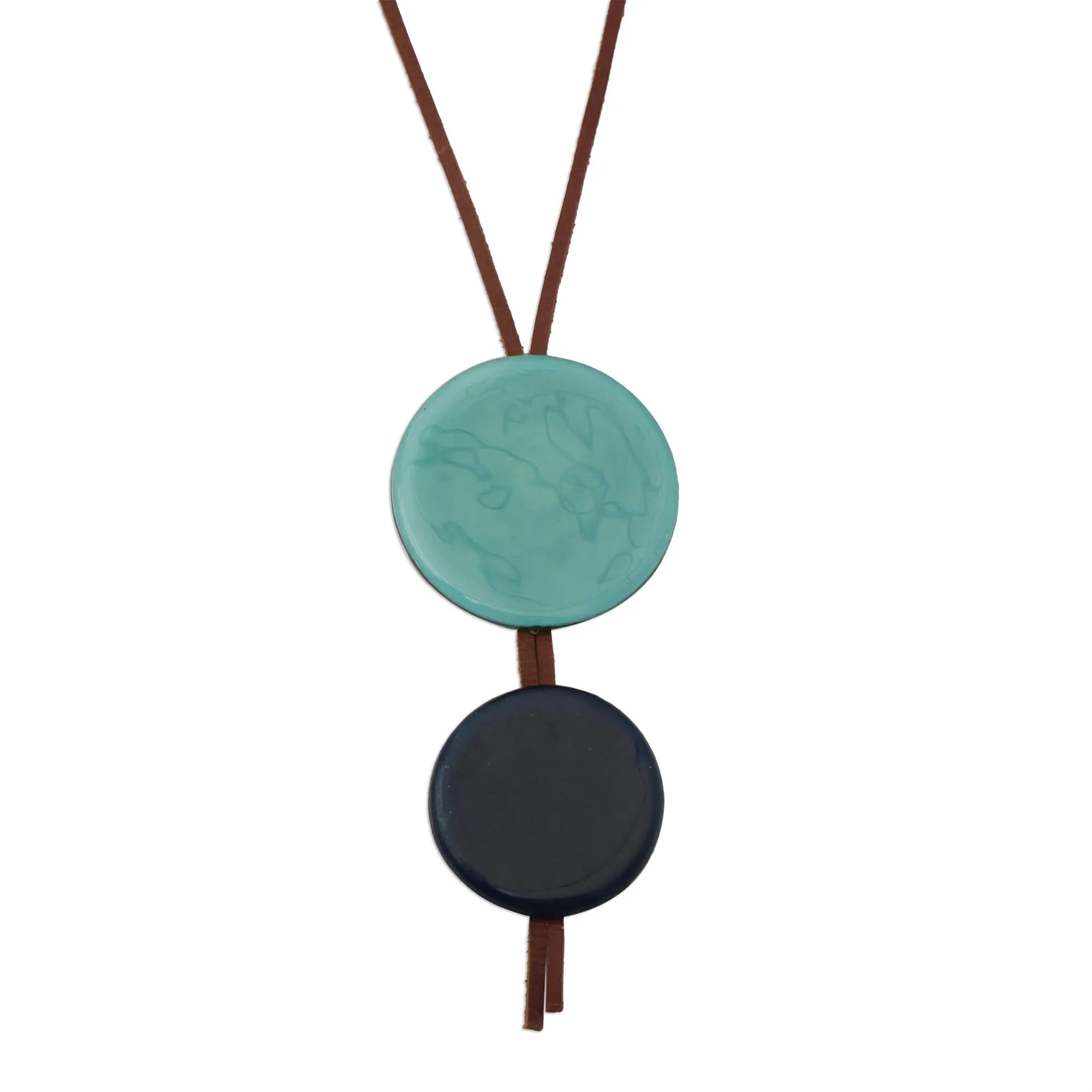 Circular Modernity in Blue Blue Glass and Leather Pendant Necklace from Brazil