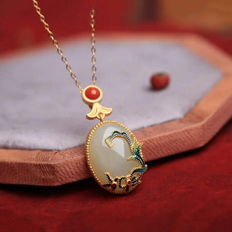 Classic Inlaid Enamel floret clavicle chain Natural Hotan Jade Oval necklace pendant