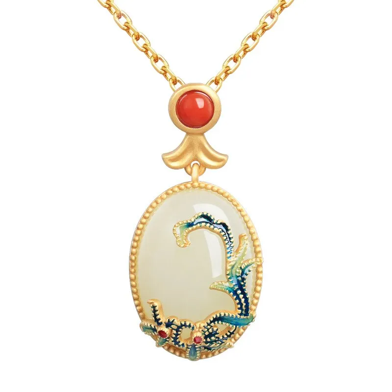 Classic Inlaid Enamel floret clavicle chain Natural Hotan Jade Oval necklace pendant