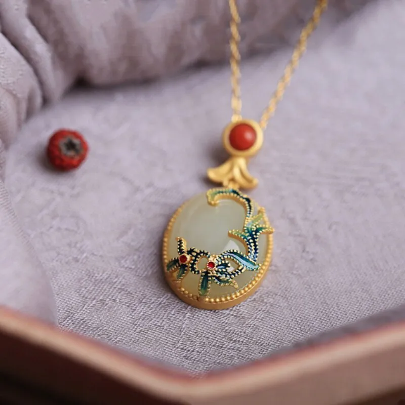 Classic Inlaid Enamel floret clavicle chain Natural Hotan Jade Oval necklace pendant