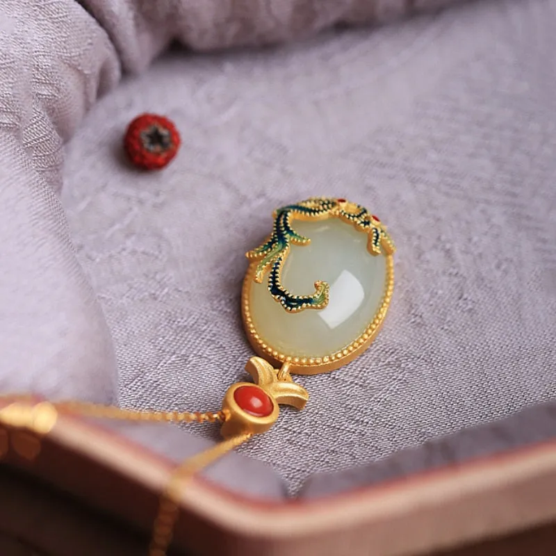 Classic Inlaid Enamel floret clavicle chain Natural Hotan Jade Oval necklace pendant