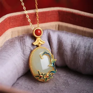 Classic Inlaid Enamel floret clavicle chain Natural Hotan Jade Oval necklace pendant