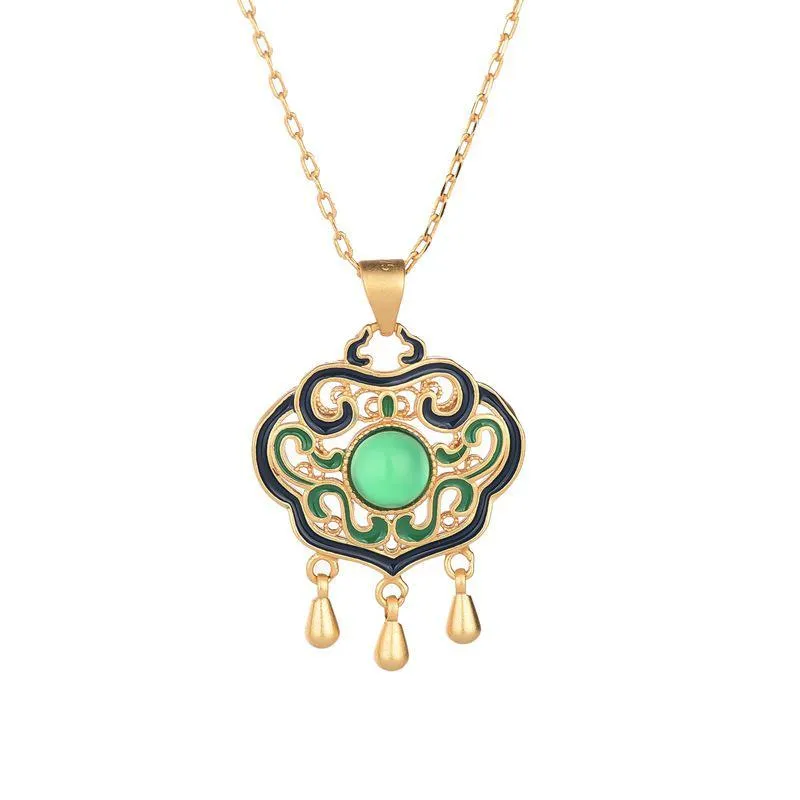 Classic Silver Inlaid Natural Chrysoprase Vintage Court Style Enamel Ruyi Necklace