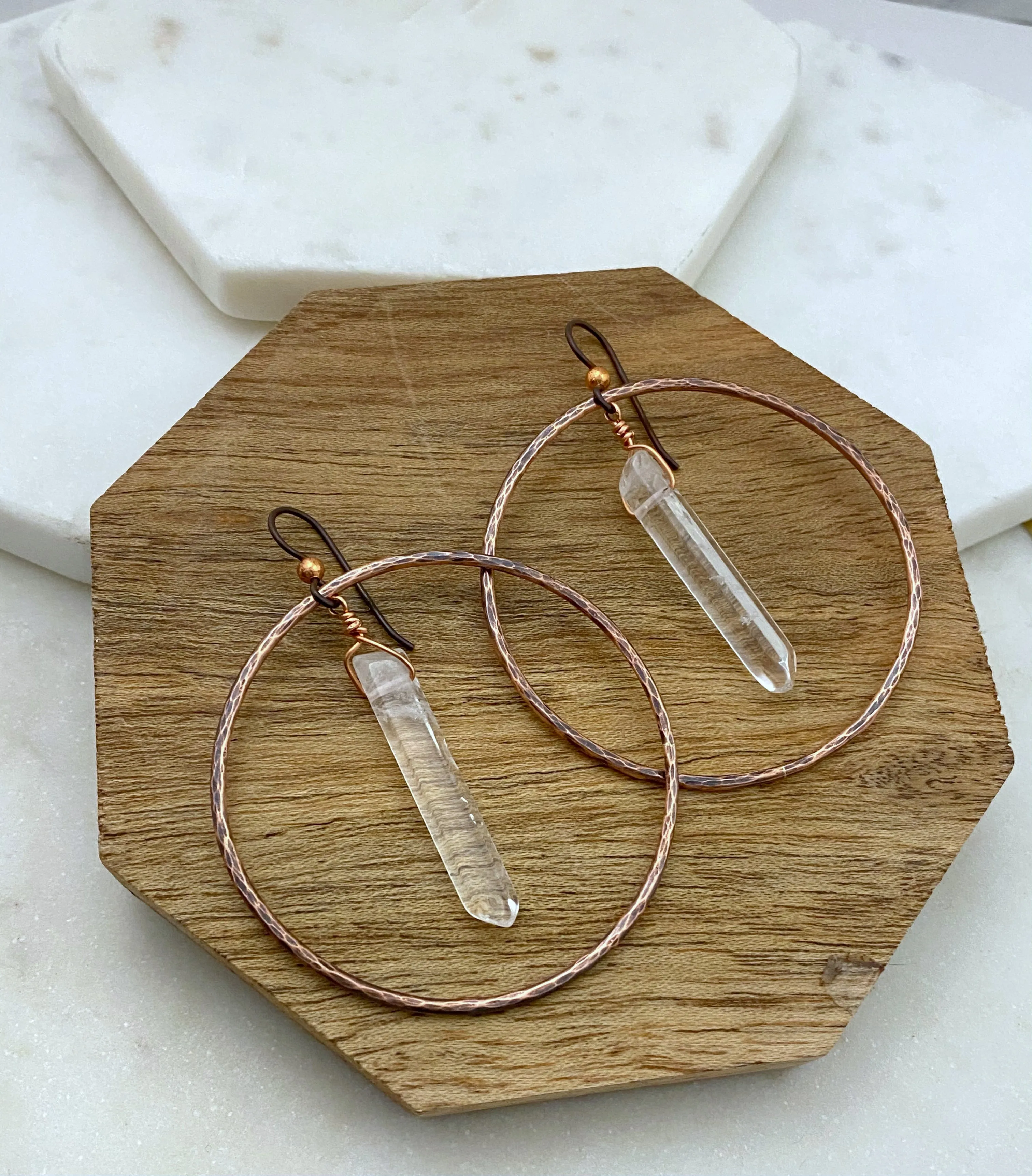 Copper and quartz hoop earrings