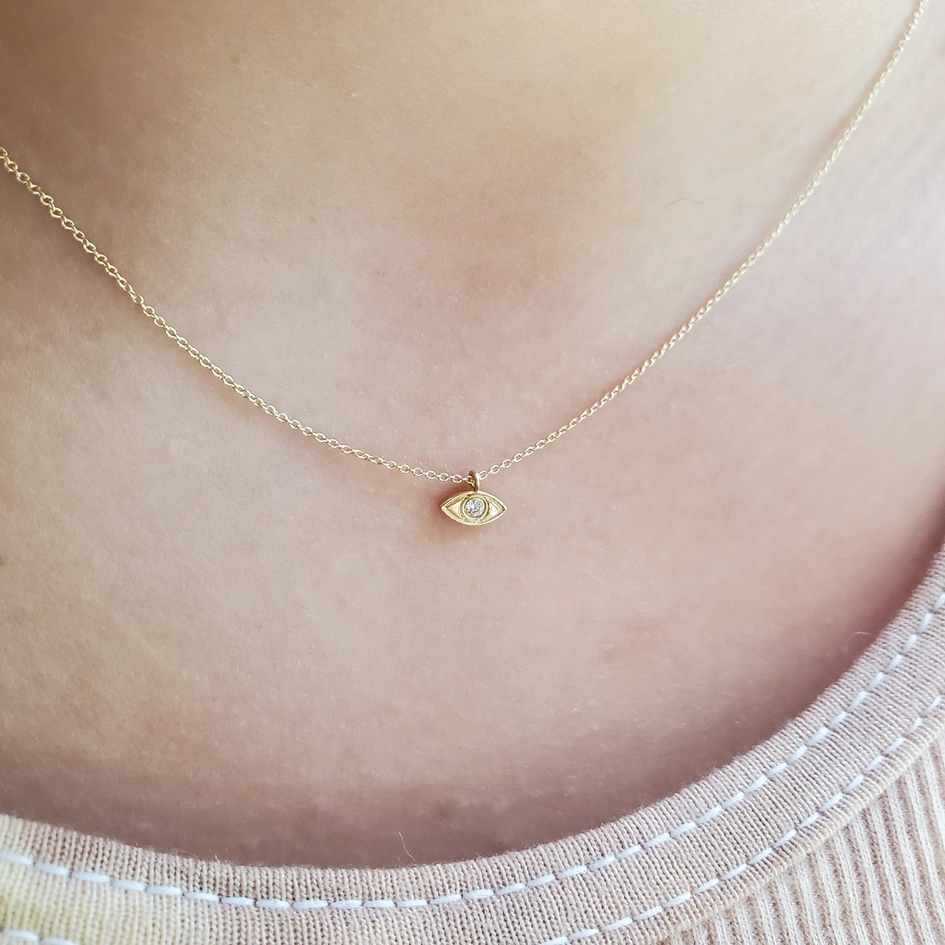 Dainty Evil Eye Diamond and Gold Necklace