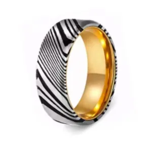 Damascus Steel Men's Ring With 18k Yellow Gold plated interior sleeve