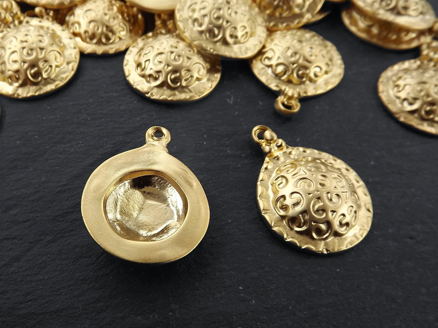 Dome Pendant, Unusual Pendant, Artisan Pendant, Tribal Pendant, Curl, Ethnic, Rustic Pendant, Bohemian, Boho, 22k Matte Gold, 2pcs