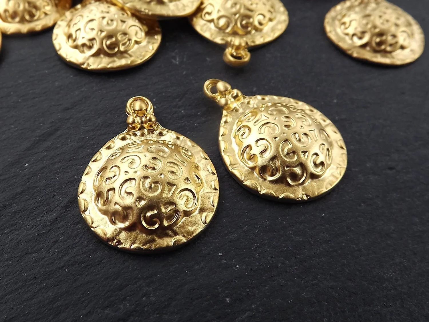 Dome Pendant, Unusual Pendant, Artisan Pendant, Tribal Pendant, Curl, Ethnic, Rustic Pendant, Bohemian, Boho, 22k Matte Gold, 2pcs