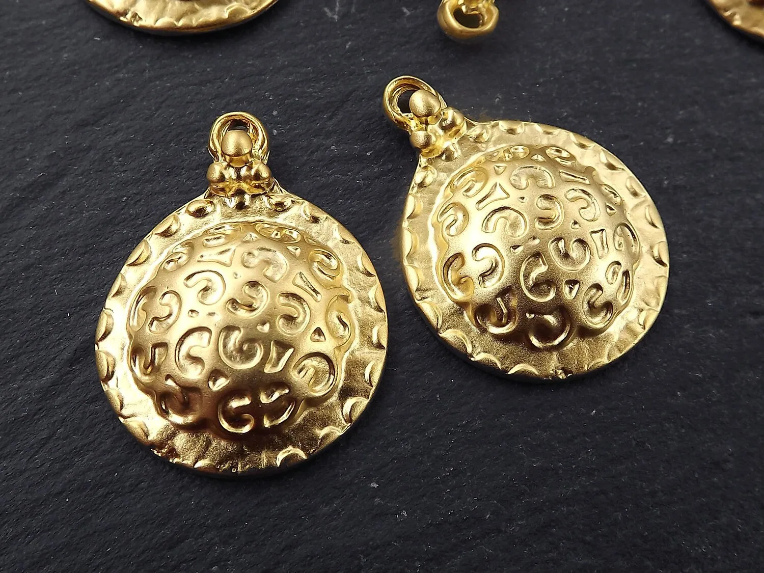 Dome Pendant, Unusual Pendant, Artisan Pendant, Tribal Pendant, Curl, Ethnic, Rustic Pendant, Bohemian, Boho, 22k Matte Gold, 2pcs