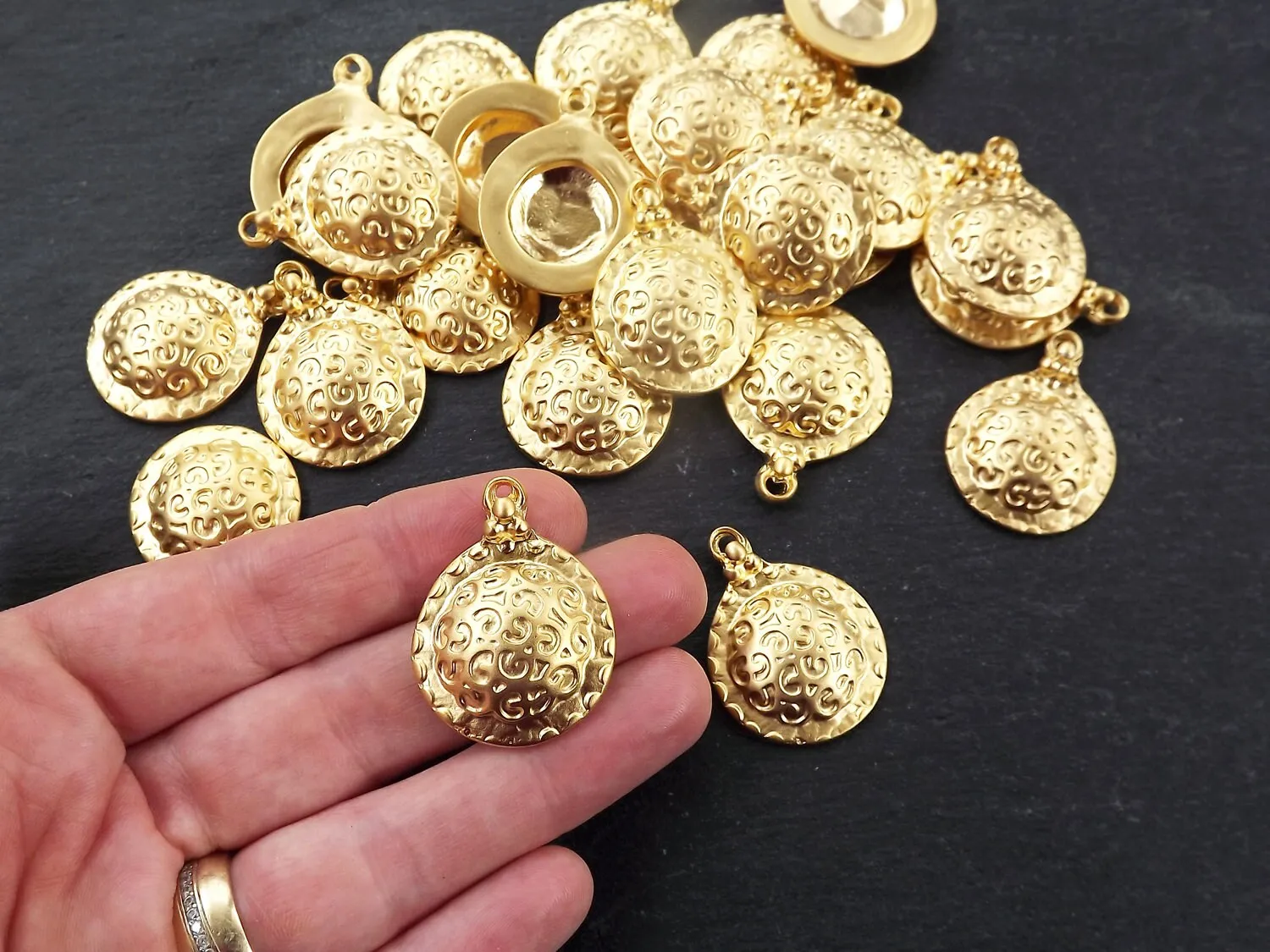 Dome Pendant, Unusual Pendant, Artisan Pendant, Tribal Pendant, Curl, Ethnic, Rustic Pendant, Bohemian, Boho, 22k Matte Gold, 2pcs