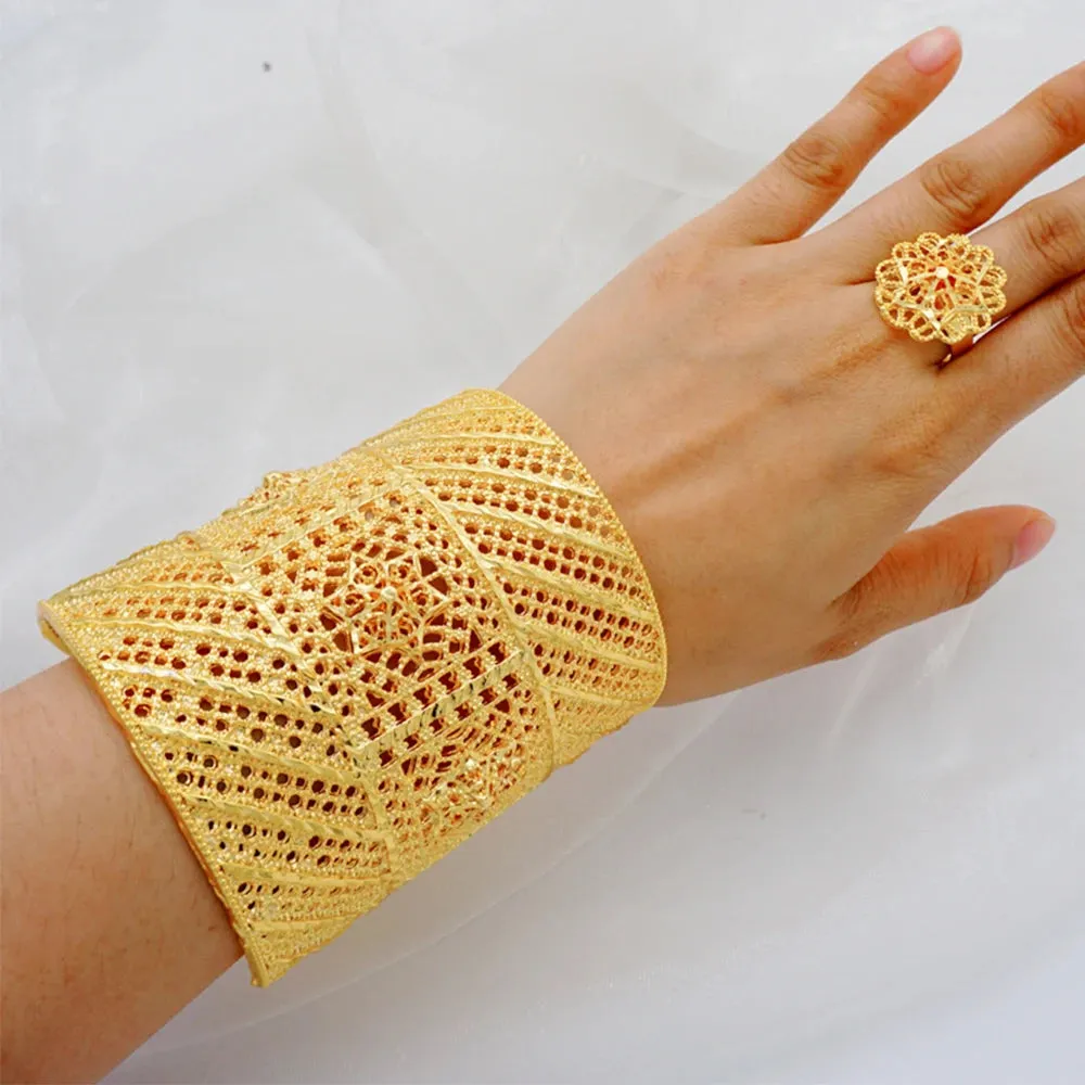 Dubai Gold Color Bangles & Ring Indian Bracelet For Women