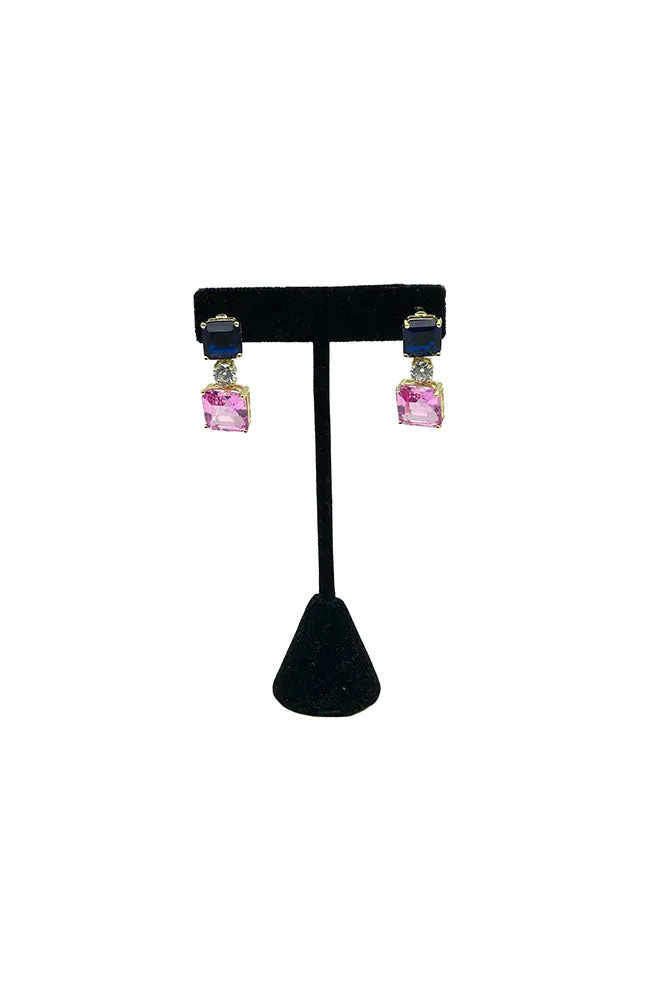 Earring Blue Square with Pink Square Drop
