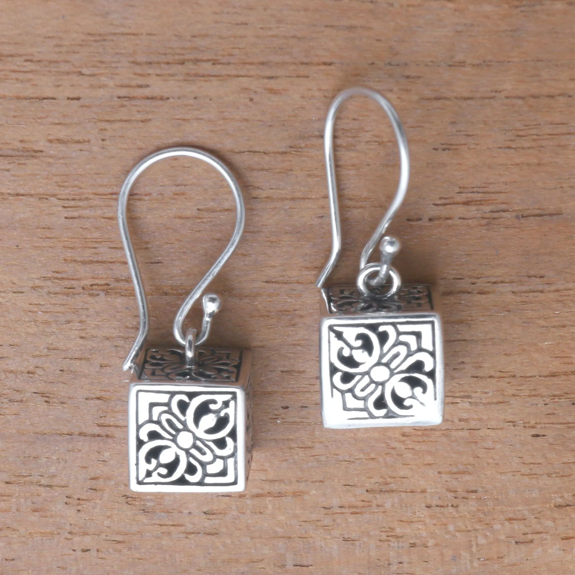 Elegant Dice Sterling Silver Cube Dangle Earrings from Bali