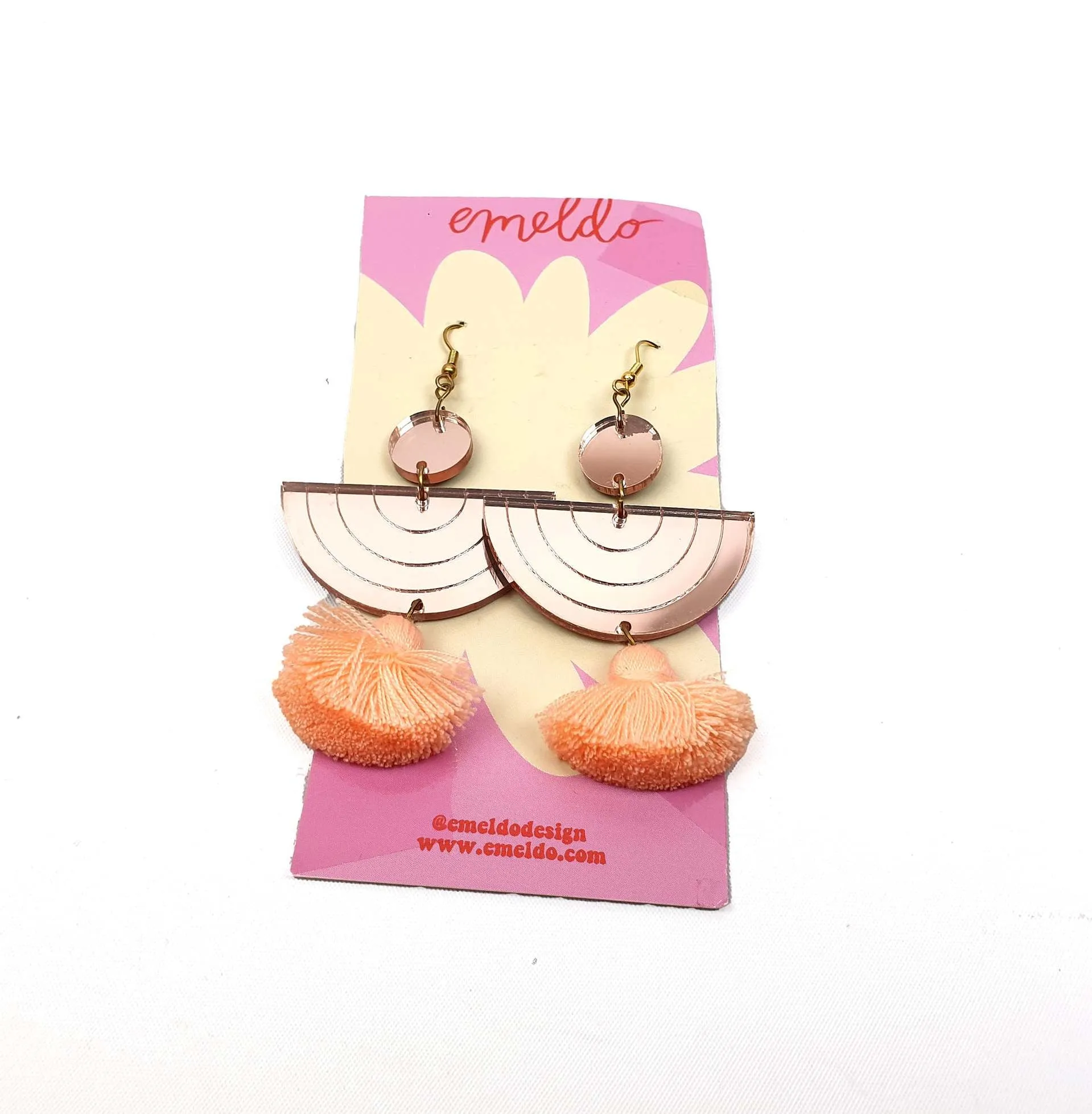 Emeldo gold half moon drop earrings with peach detail
