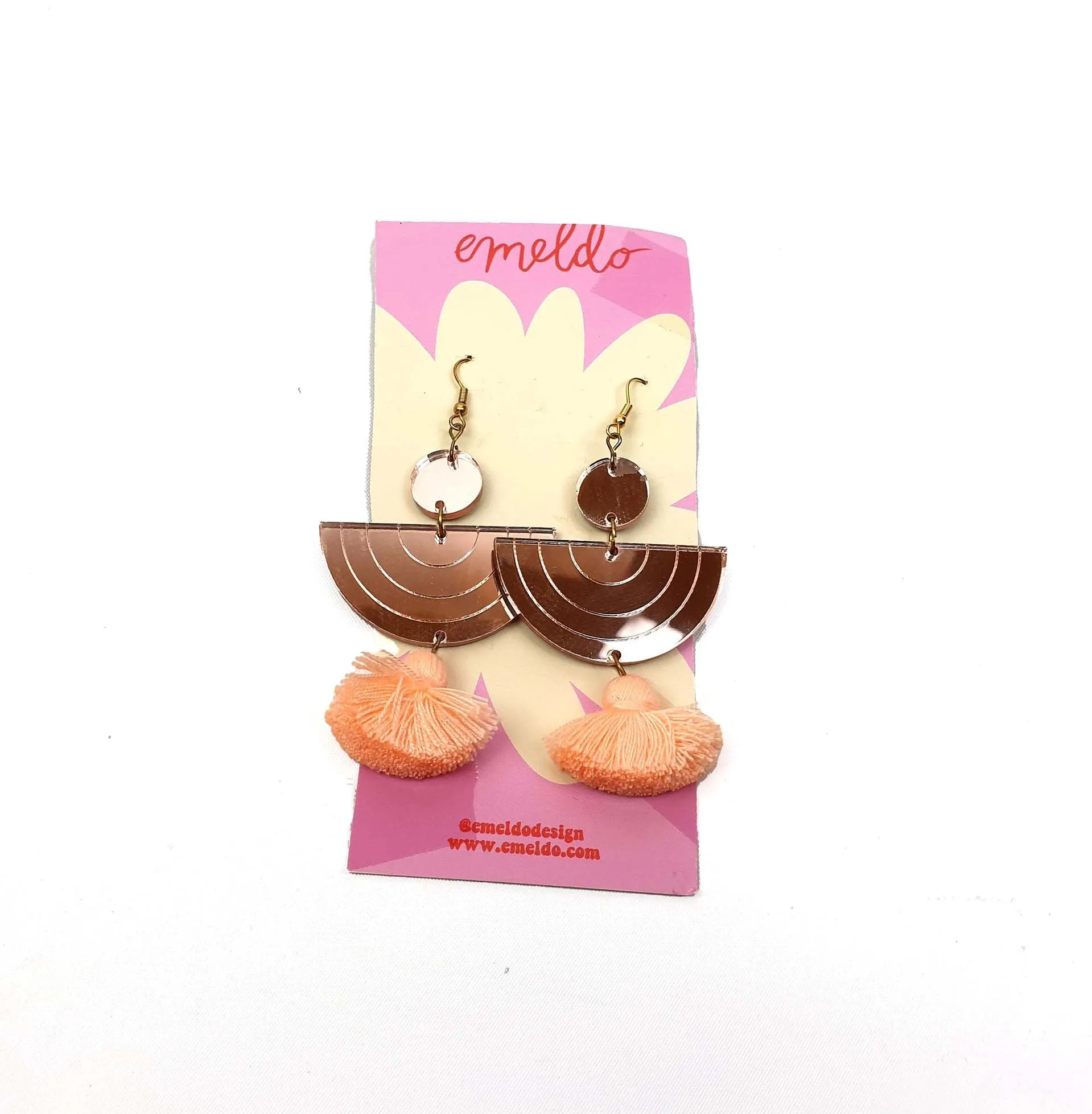 Emeldo gold half moon drop earrings with peach detail