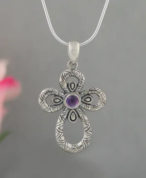Engraved Sterling Silver Cross Pendant with Amethyst