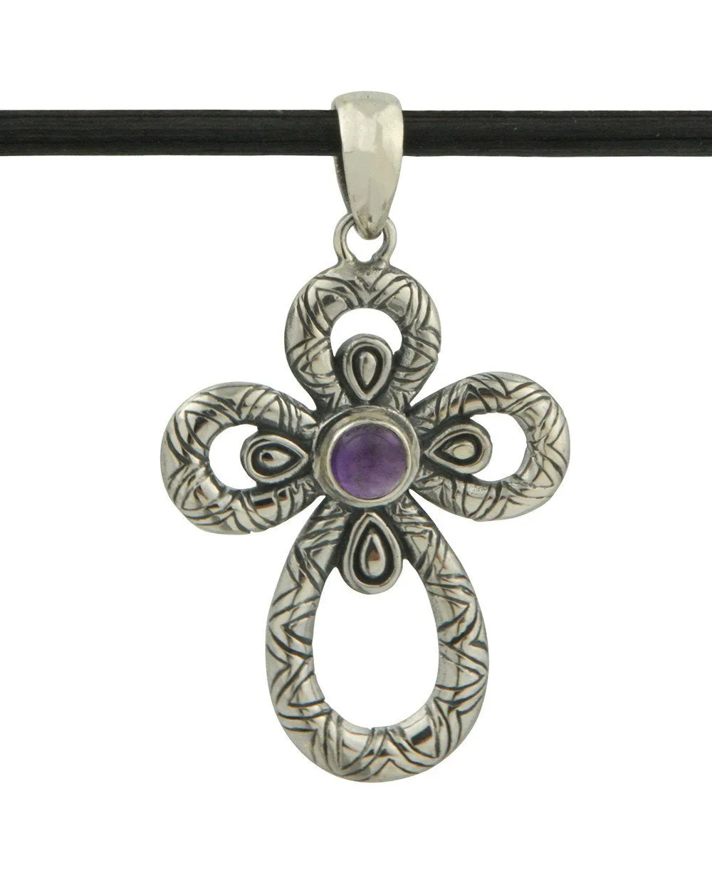 Engraved Sterling Silver Cross Pendant with Amethyst