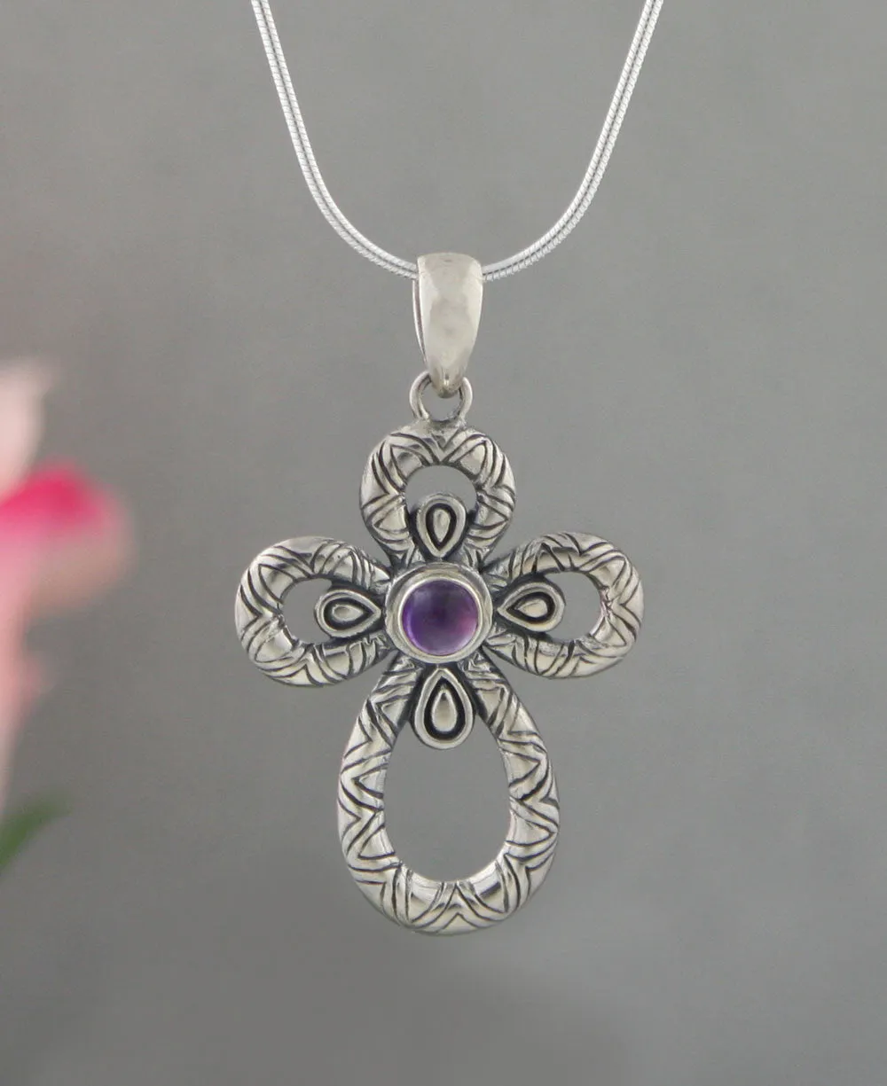 Engraved Sterling Silver Cross Pendant with Amethyst