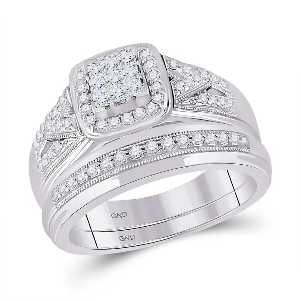 Eternal Brilliance 10kt White Gold His Hers Round Diamond Square Matching Wedding Set