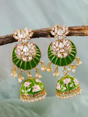 Ethnic Gold Plated Jhumka Earrings with White Pearls for Women - Perfect Lotus Style Stone Earrings